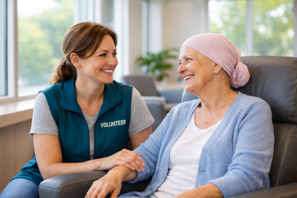 Two women. One is a volunteer and the other is a patient. They are sitting and smiling.